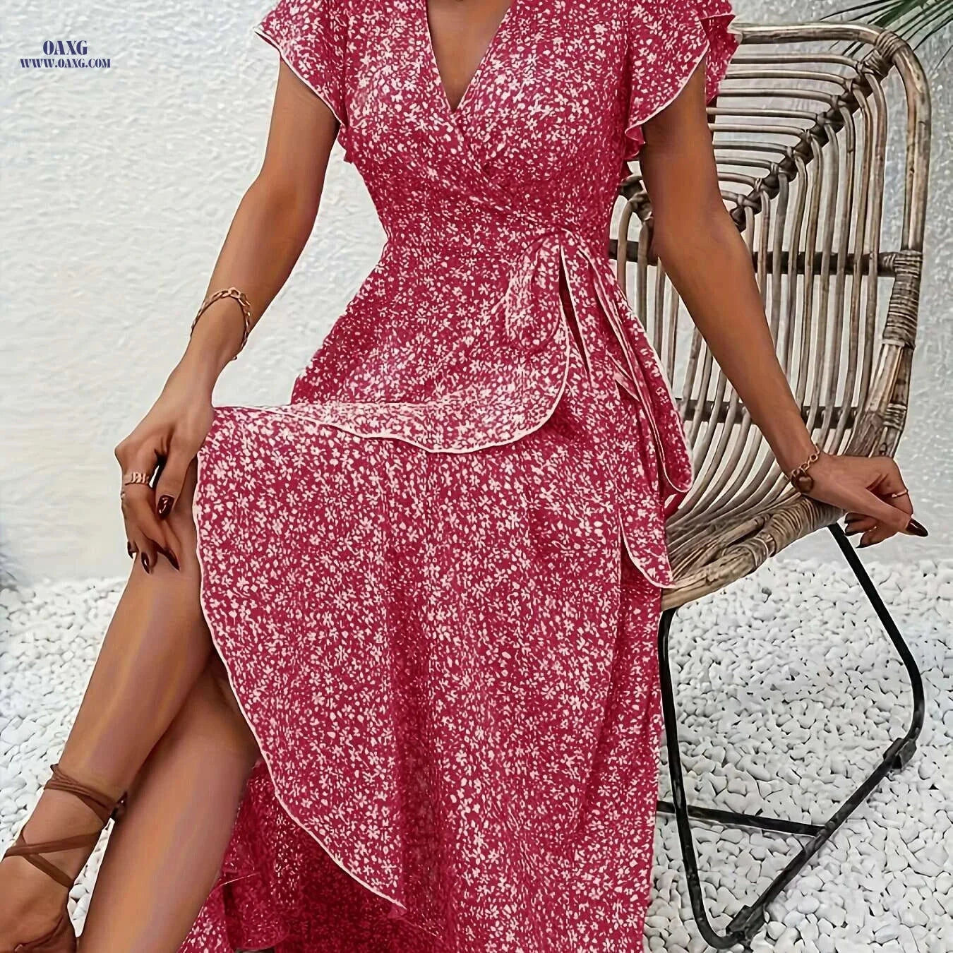 Elegant Red Floral Midi Dress - Lightweight V-Neck for Women   OAXG 