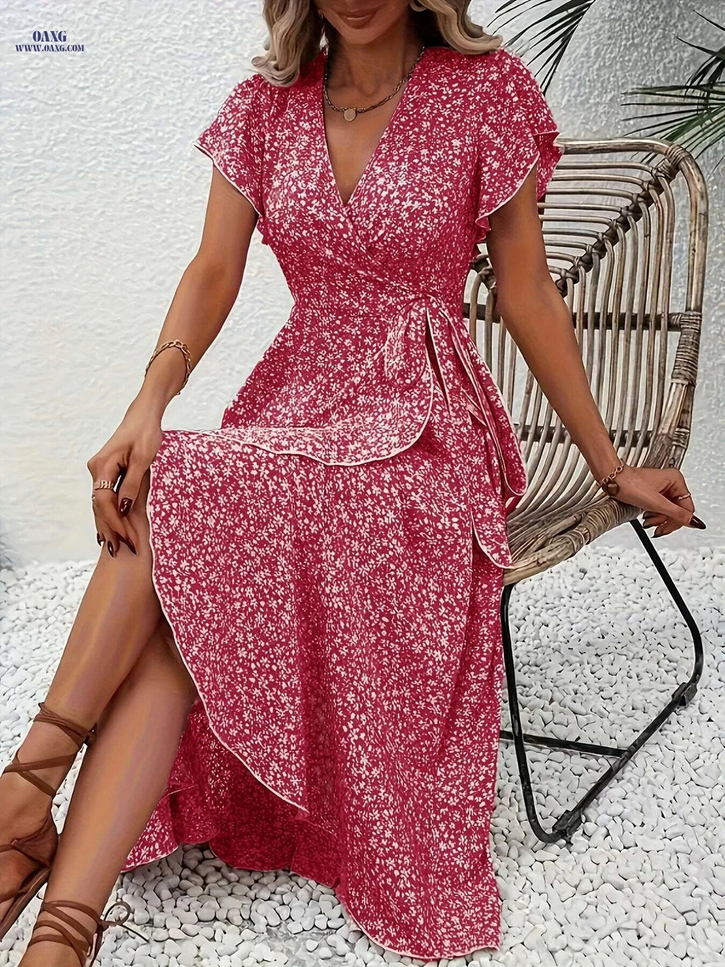 Elegant Red Floral Midi Dress - Lightweight V-Neck for Women   OAXG 
