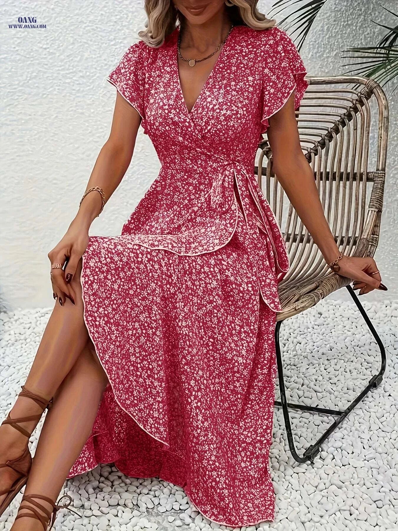Elegant Red Floral Midi Dress - Lightweight V-Neck for Women   OAXG 