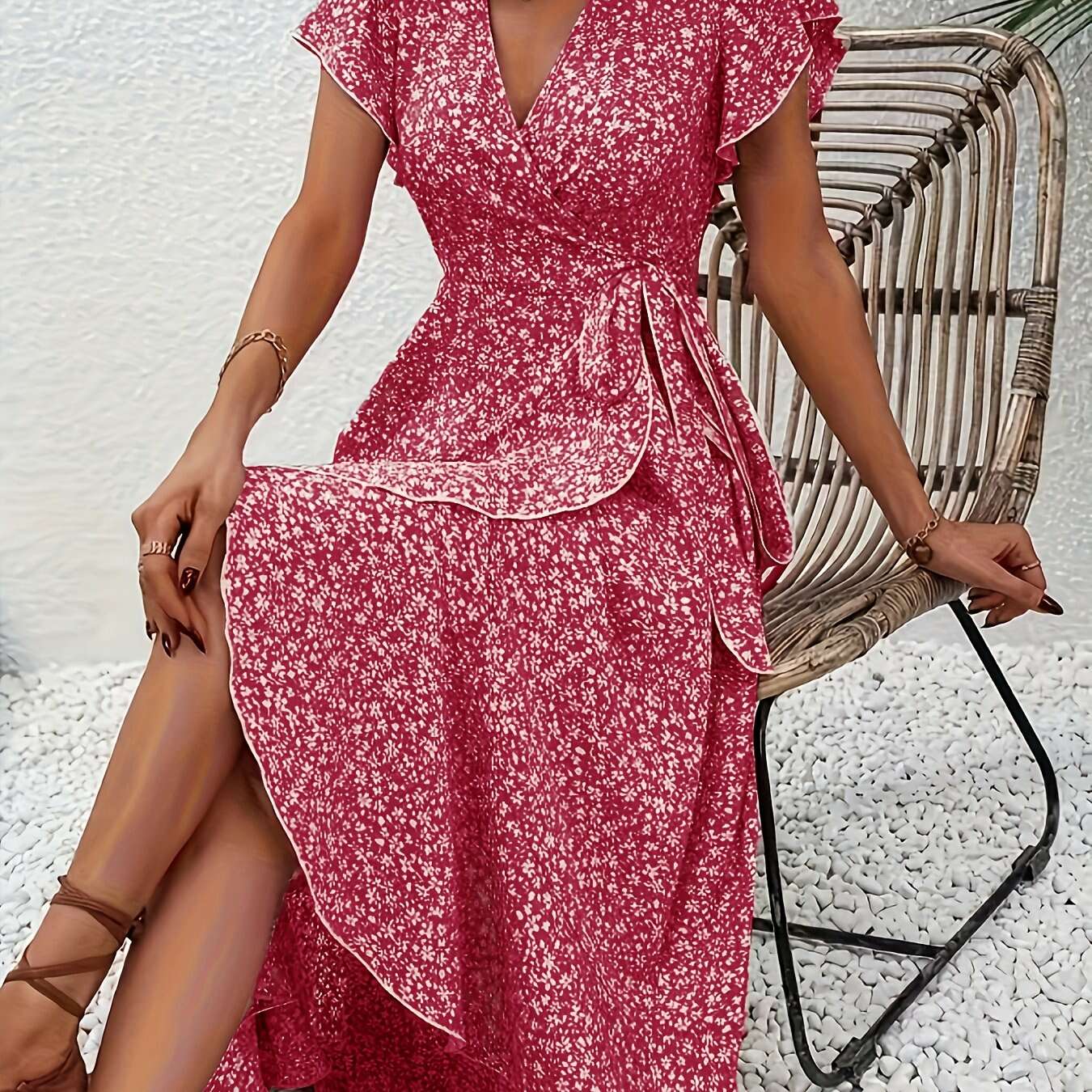 Elegant Red Floral Midi Dress - Lightweight V-Neck for Women   OAXG 