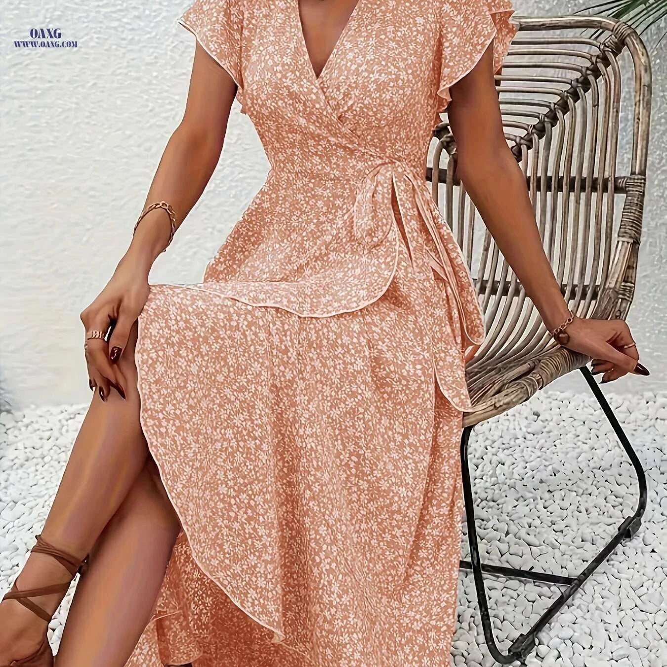 Elegant Red Floral Midi Dress - Lightweight V-Neck for Women   OAXG 