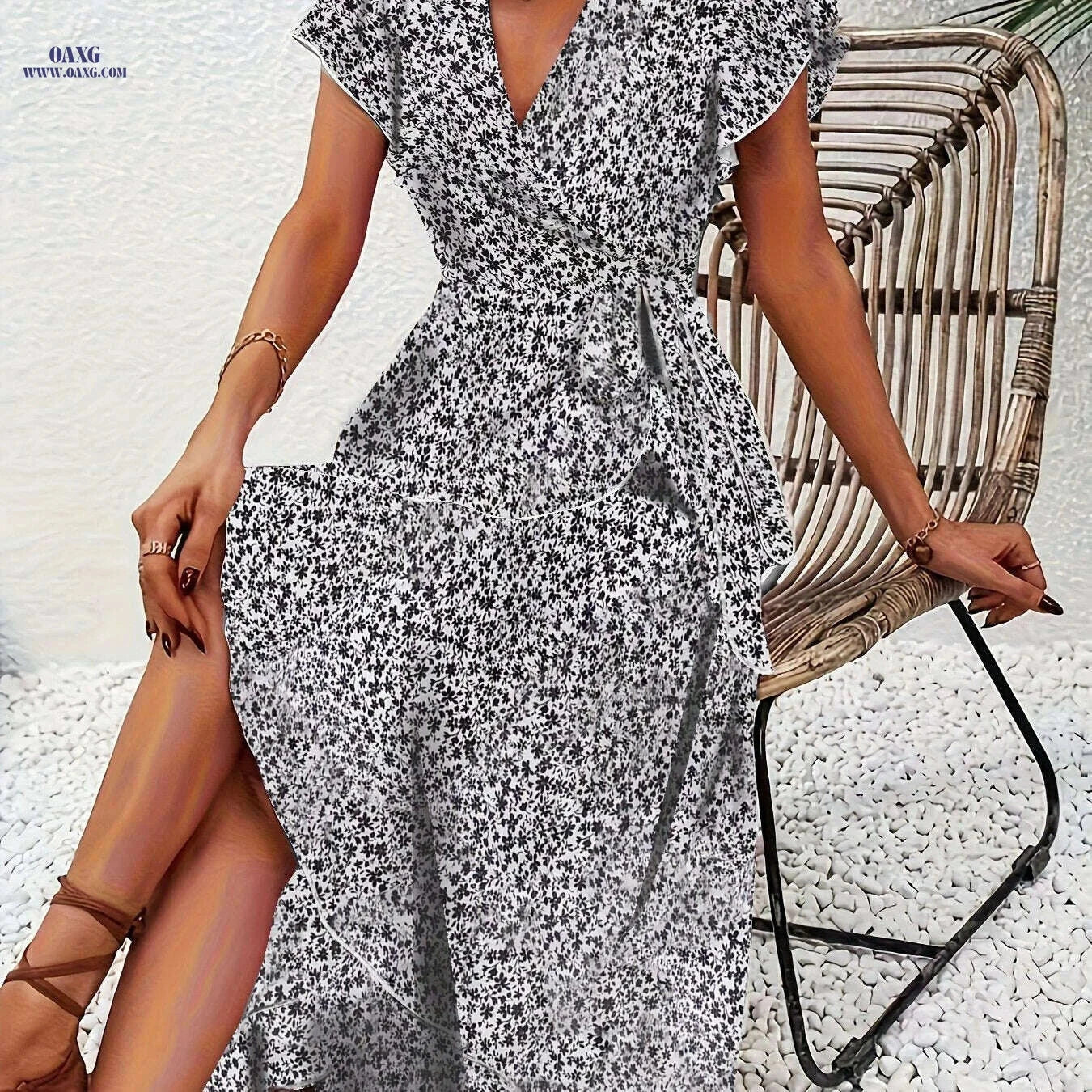 Elegant Red Floral Midi Dress - Lightweight V-Neck for Women   OAXG 