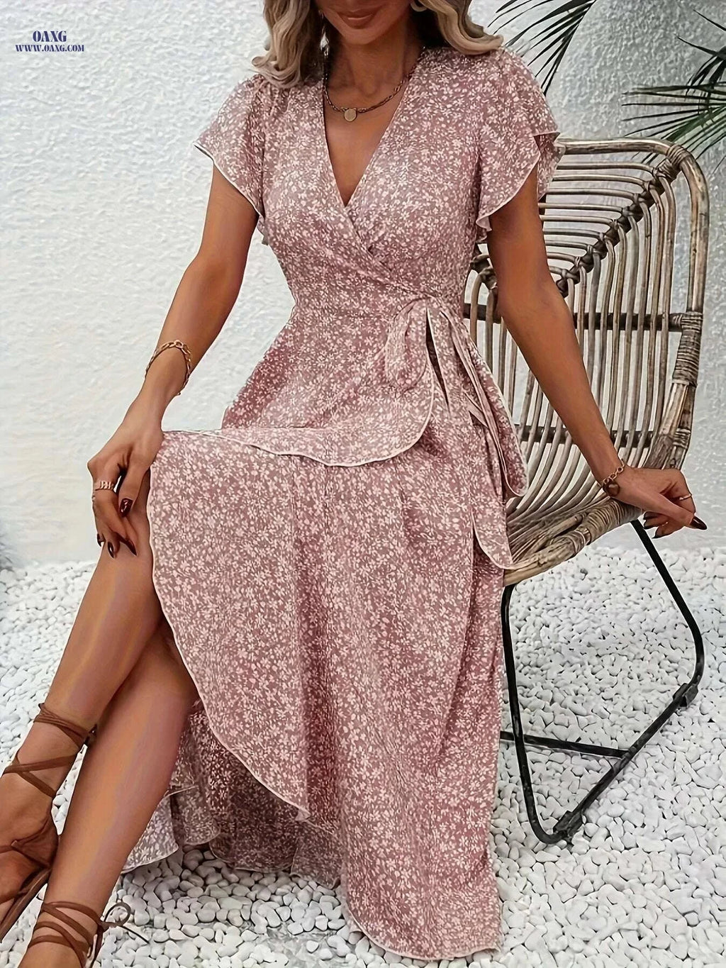 Elegant Red Floral Midi Dress - Lightweight V-Neck for Women   OAXG 