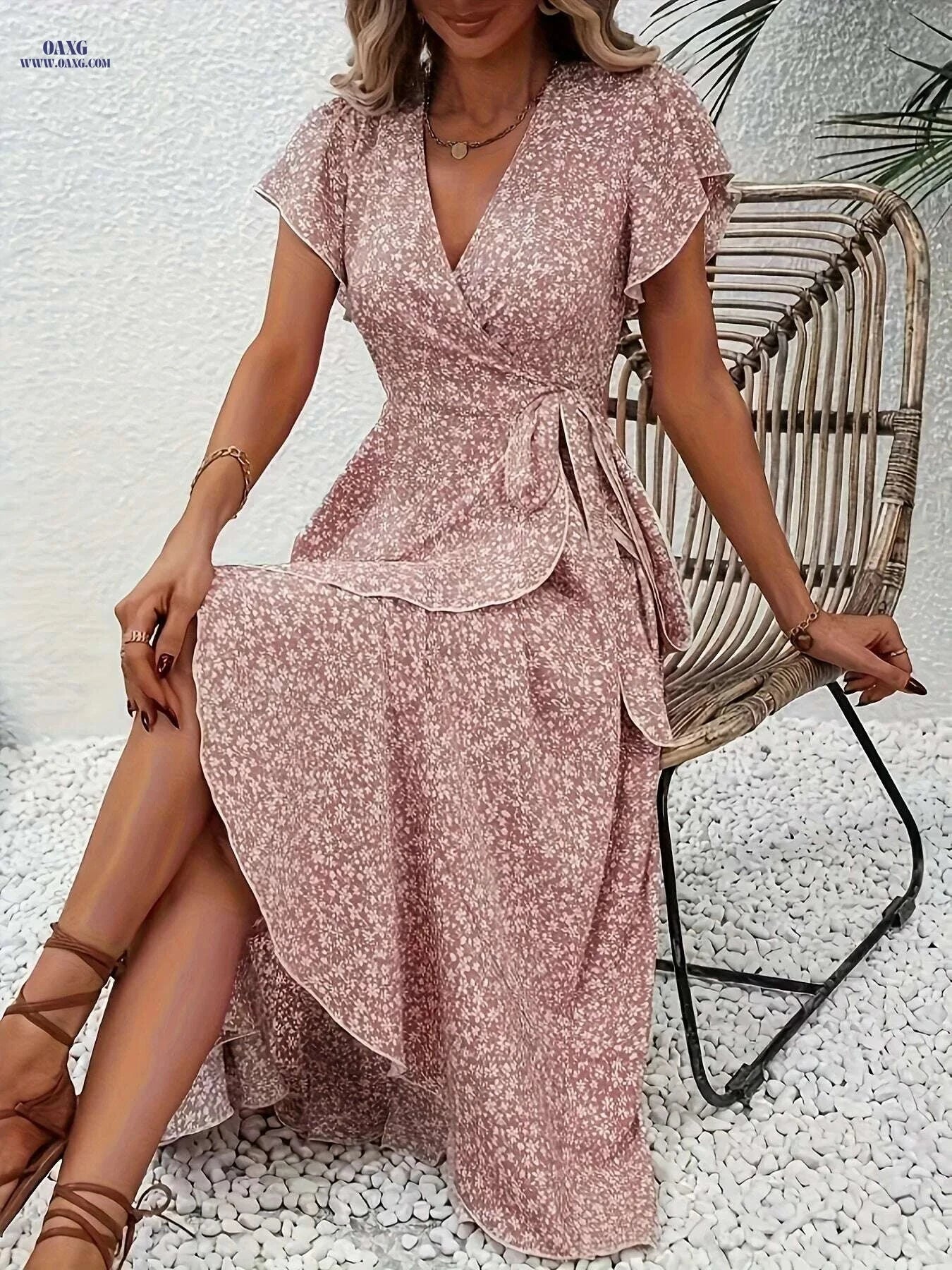 Elegant Red Floral Midi Dress - Lightweight V-Neck for Women   OAXG 
