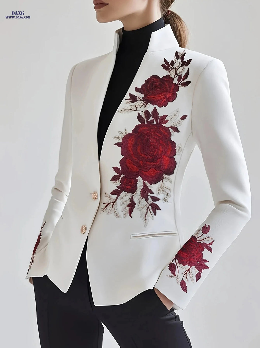 Elegant Red Rose Embroidered Suit Jacket - Chic & Fashionable   OAXG 