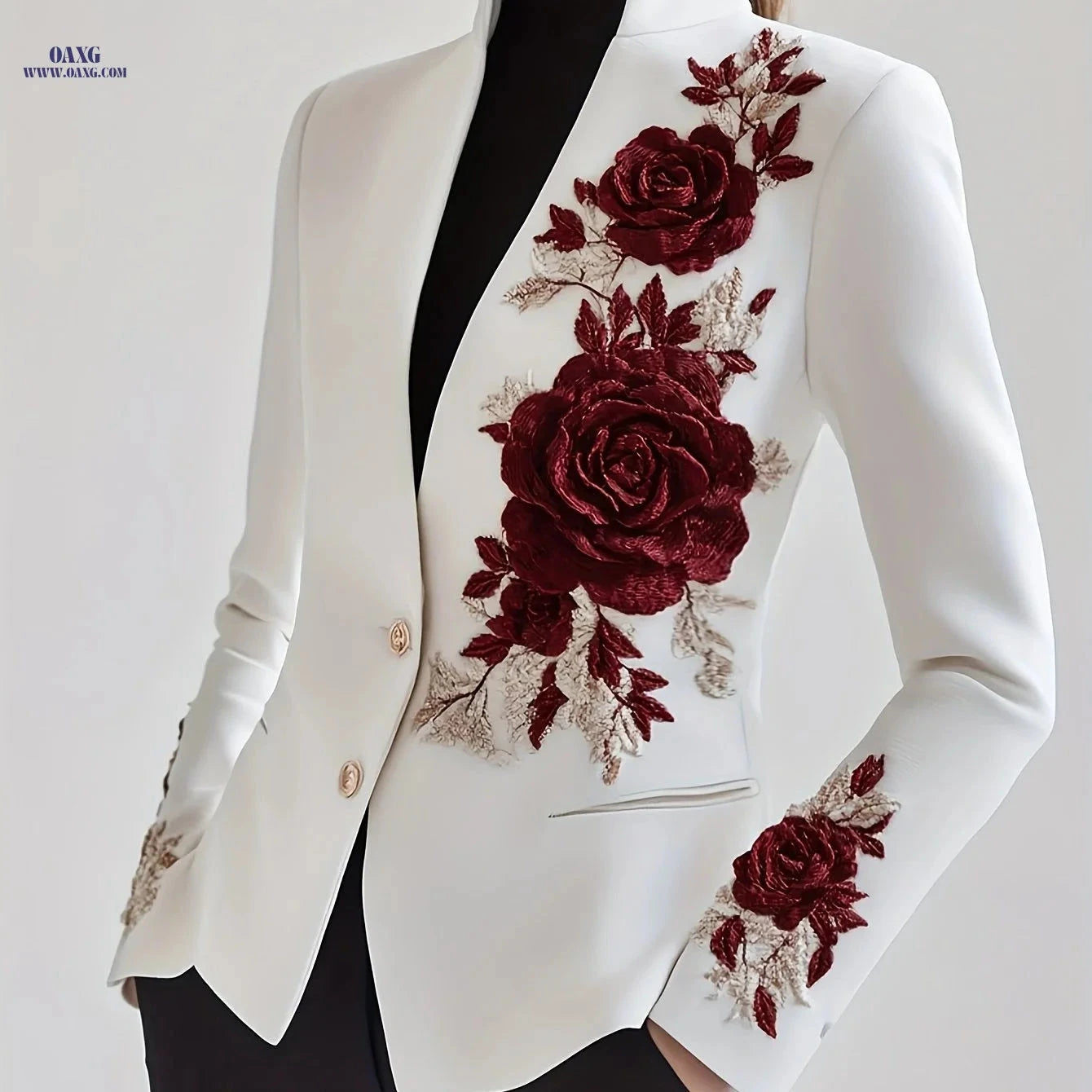 Elegant Red Rose Embroidered Suit Jacket - Chic & Fashionable   OAXG White / S
