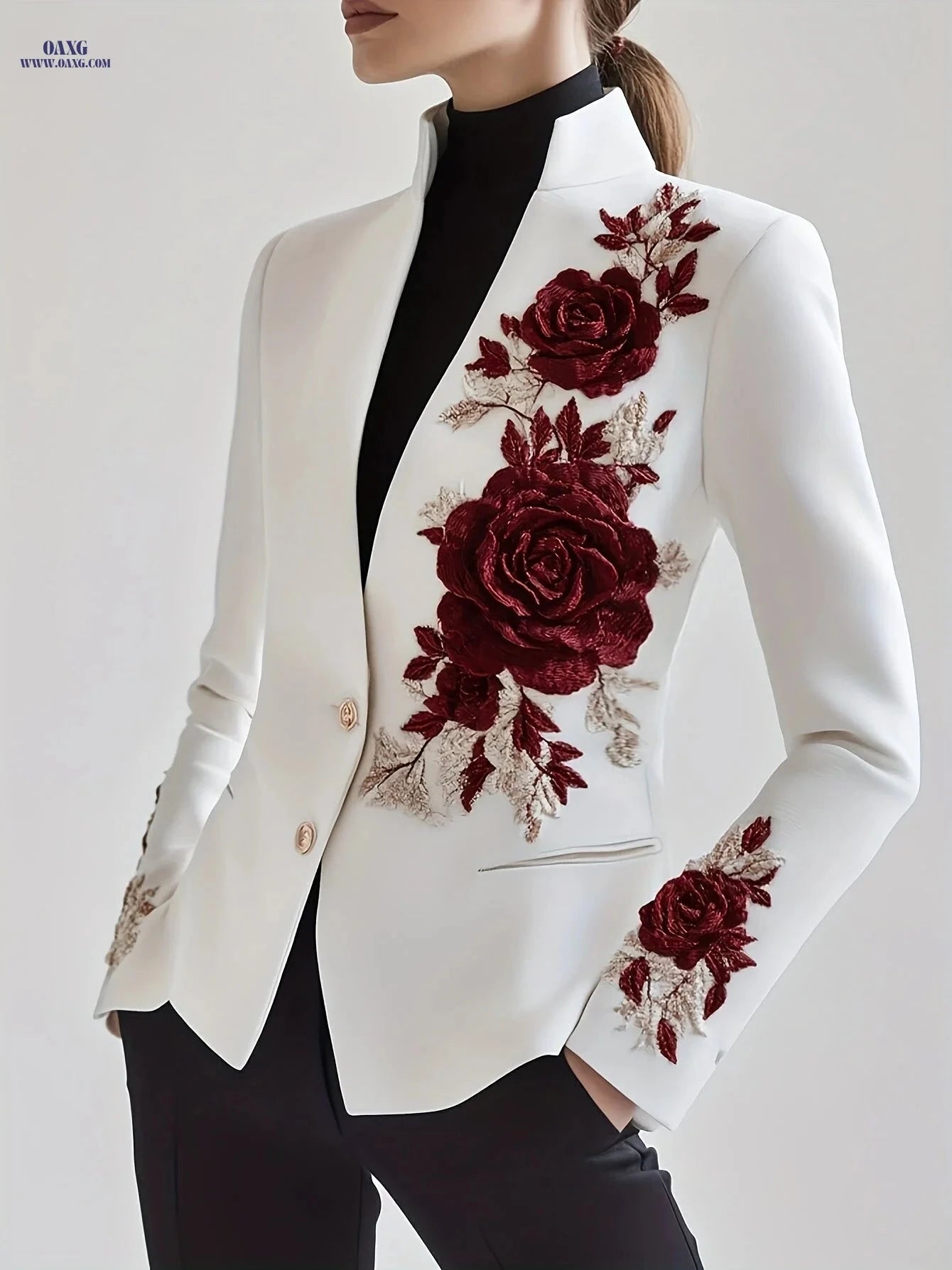 Elegant Red Rose Embroidered Suit Jacket - Chic & Fashionable   OAXG White / S