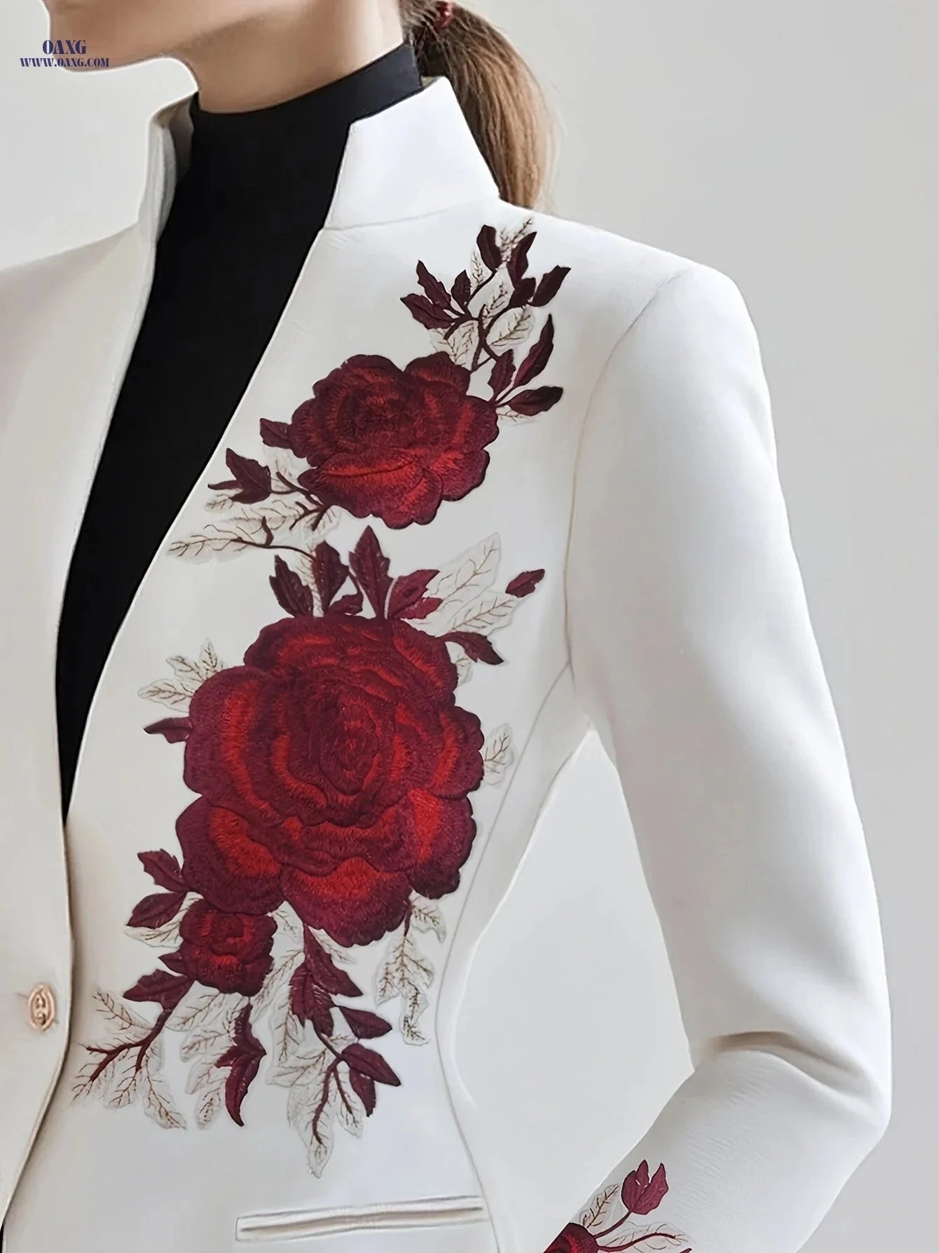 Elegant Red Rose Embroidered Suit Jacket - Chic & Fashionable   OAXG White / S