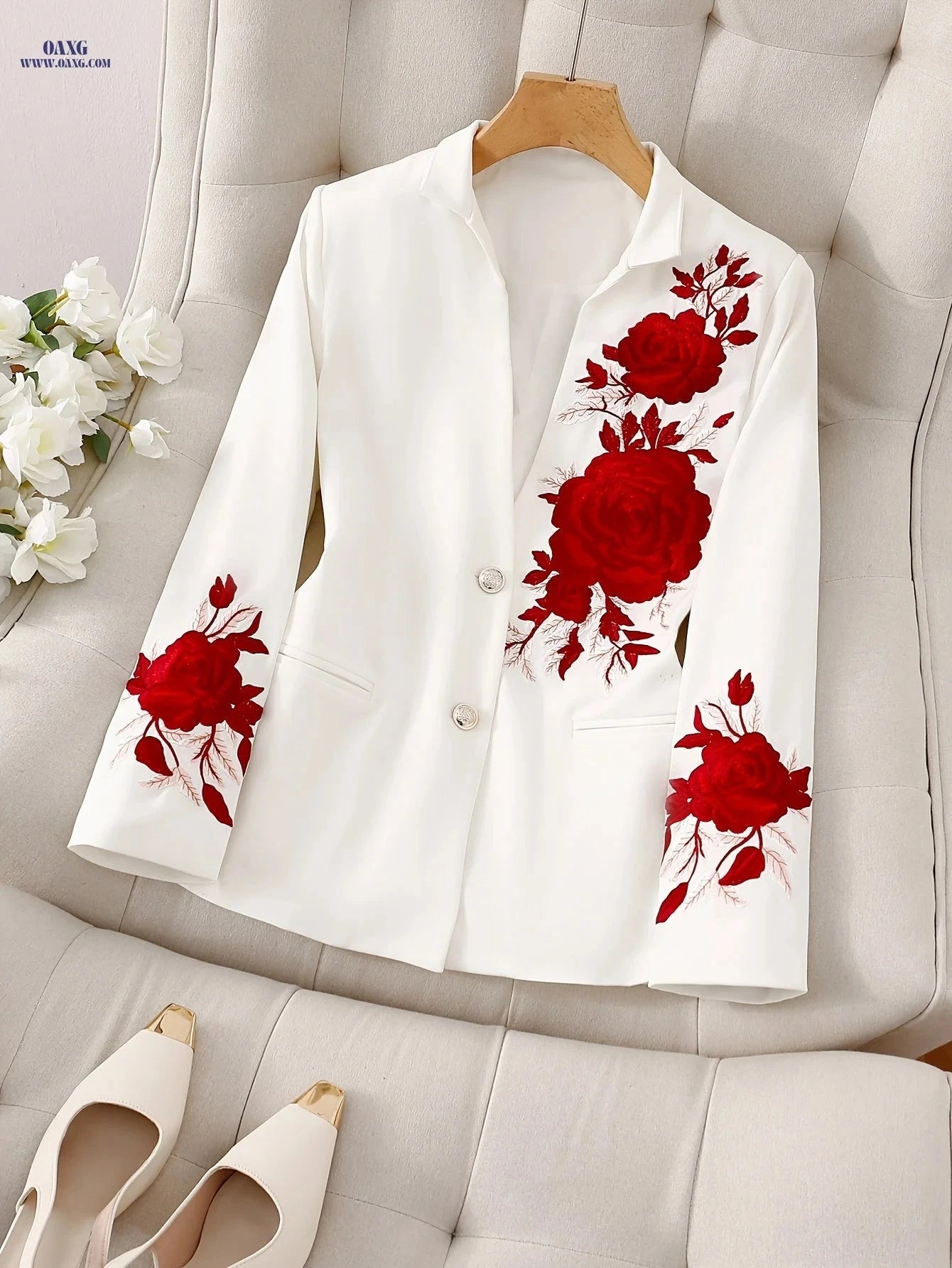 Elegant Red Rose Embroidered Suit Jacket - Chic & Fashionable   OAXG White / S