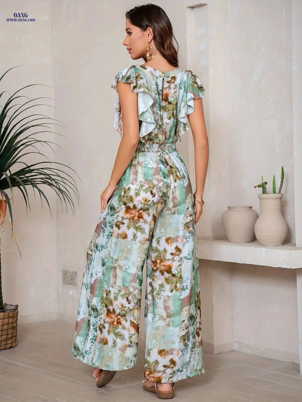 Elegant Resort-Style Jumpsuit - Sleeveless, Ruffled, Wide-Leg Design   OAXG Multicolor / S