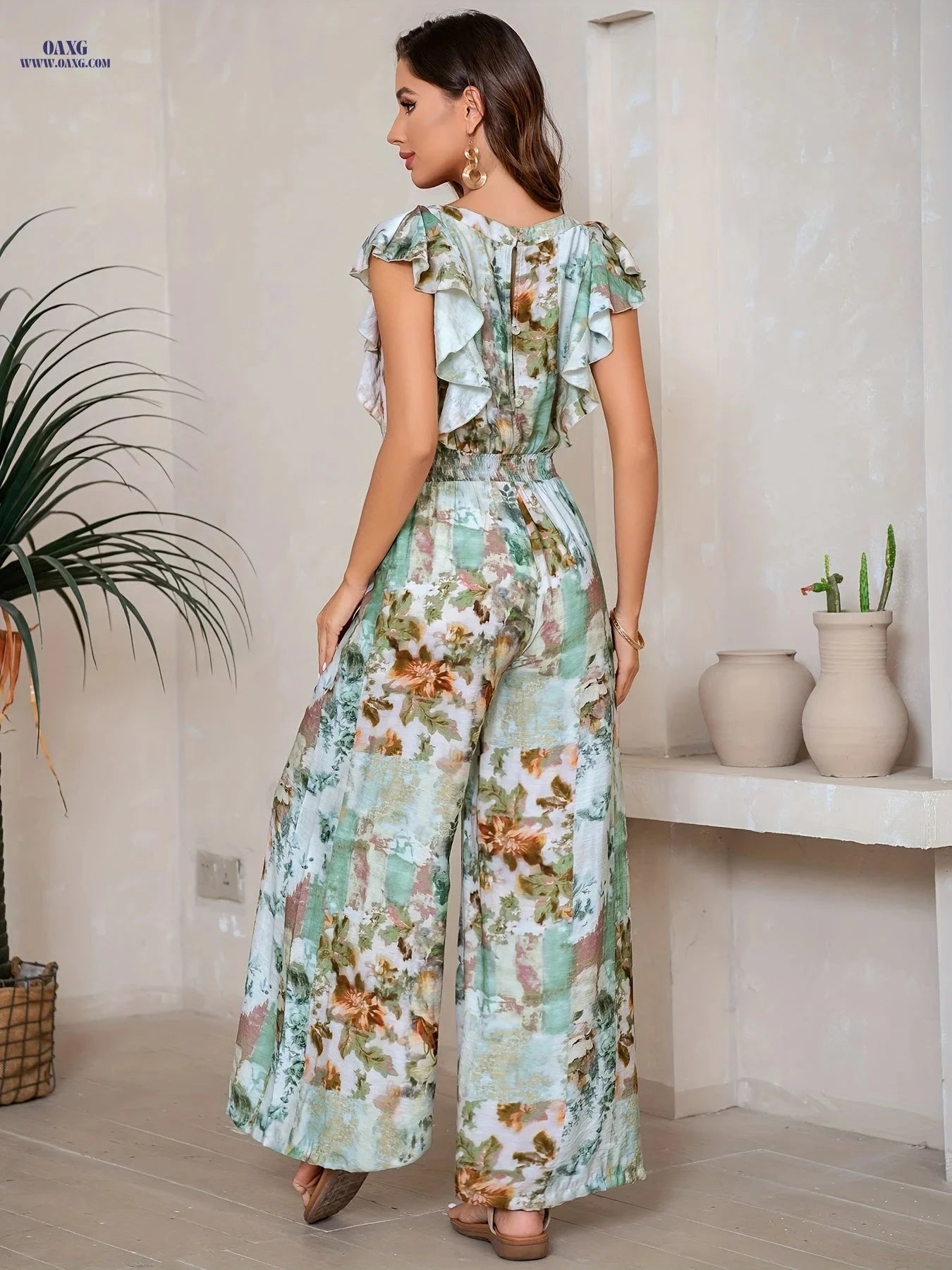 Elegant Resort-Style Jumpsuit - Sleeveless, Ruffled, Wide-Leg Design   OAXG Multicolor / S