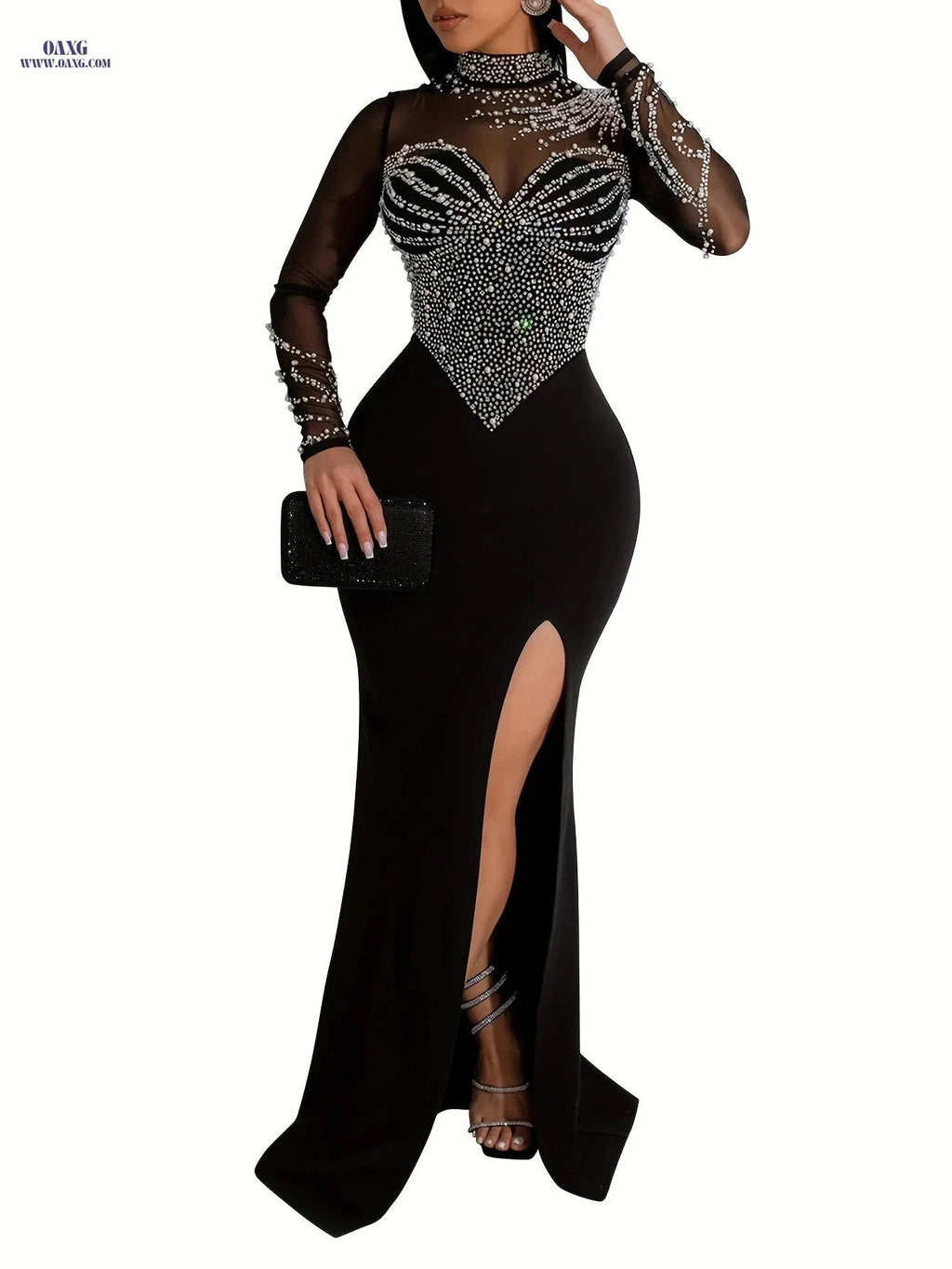 Elegant Rhinestone Bodycon Dress - Long Sleeve Mesh for Parties   OAXG Apricot / S
