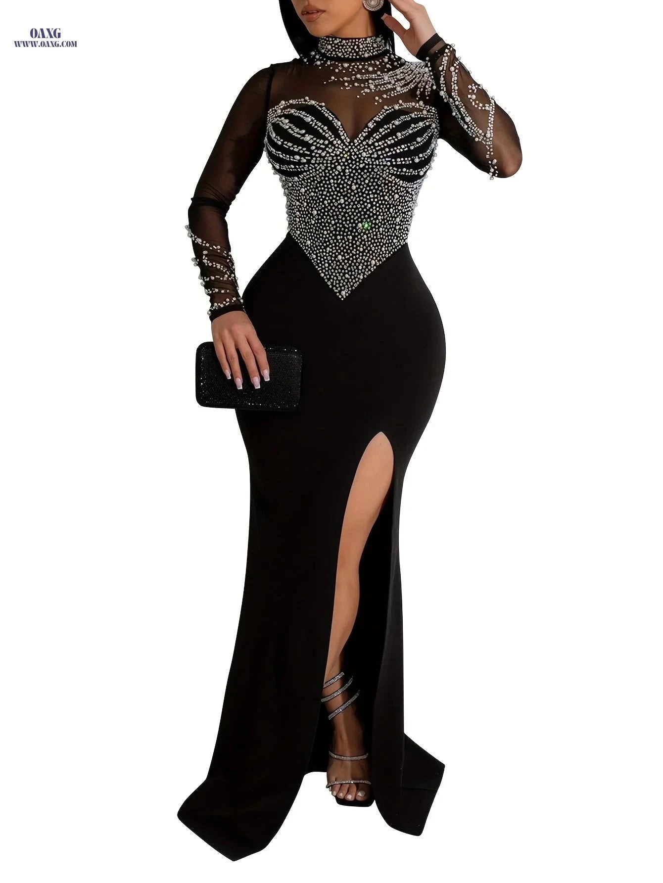 Elegant Rhinestone Bodycon Dress - Long Sleeve Mesh for Parties   OAXG Apricot / S