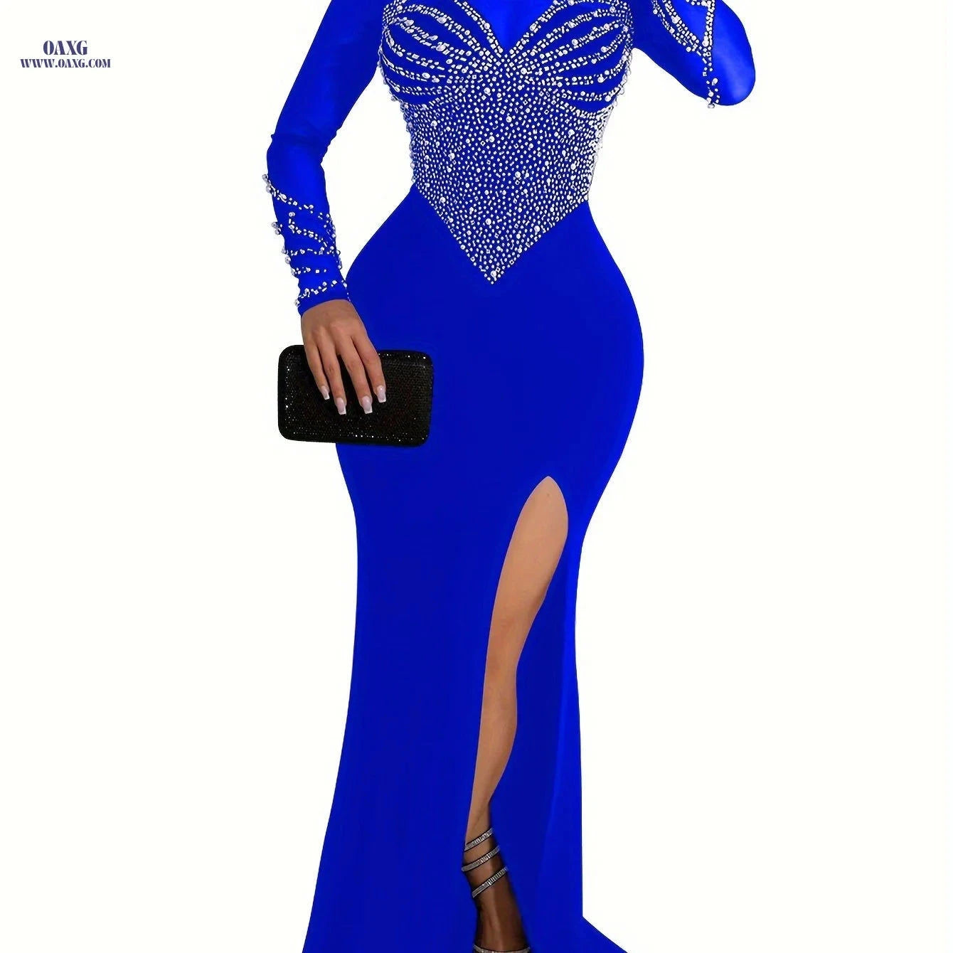 Elegant Rhinestone Bodycon Dress - Long Sleeve Mesh for Parties   OAXG Apricot / S