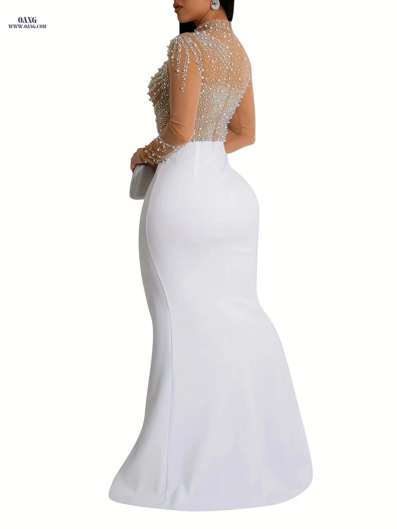 Elegant Rhinestone Bodycon Dress - Long Sleeve Mesh for Parties   OAXG Apricot / S