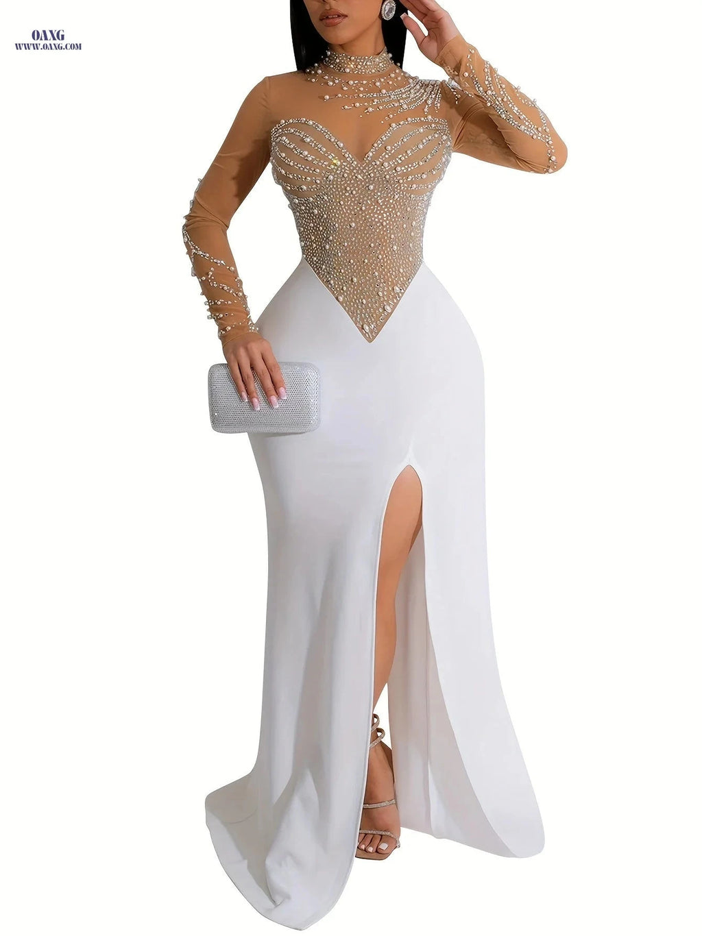 Elegant Rhinestone Bodycon Dress - Long Sleeve Mesh for Parties   OAXG Apricot / S