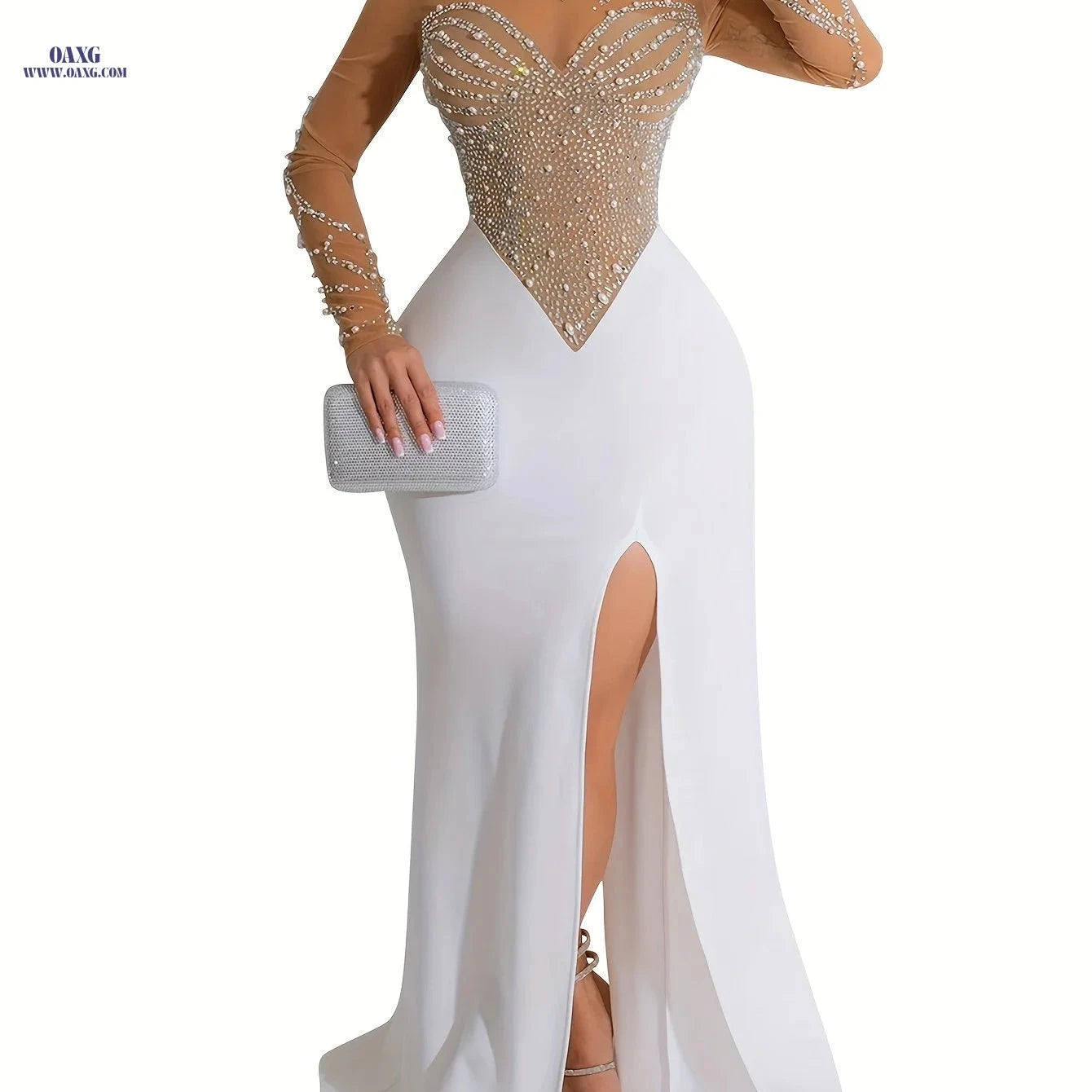 Elegant Rhinestone Bodycon Dress - Long Sleeve Mesh for Parties   OAXG Apricot / S