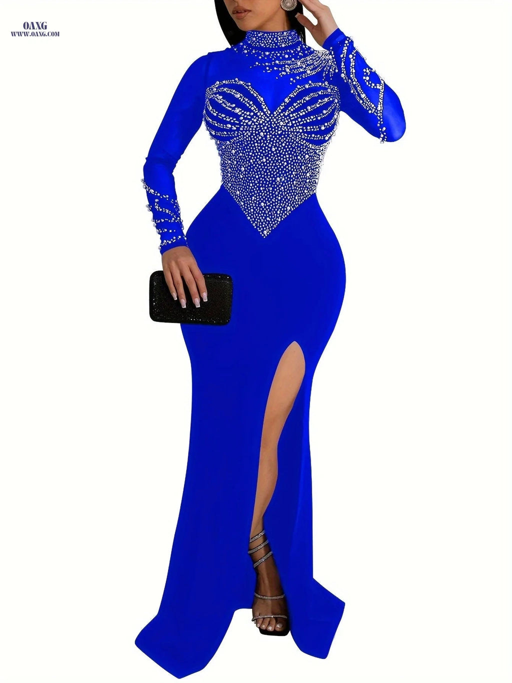 Elegant Rhinestone Bodycon Dress - Long Sleeve Mesh for Parties   OAXG Apricot / S