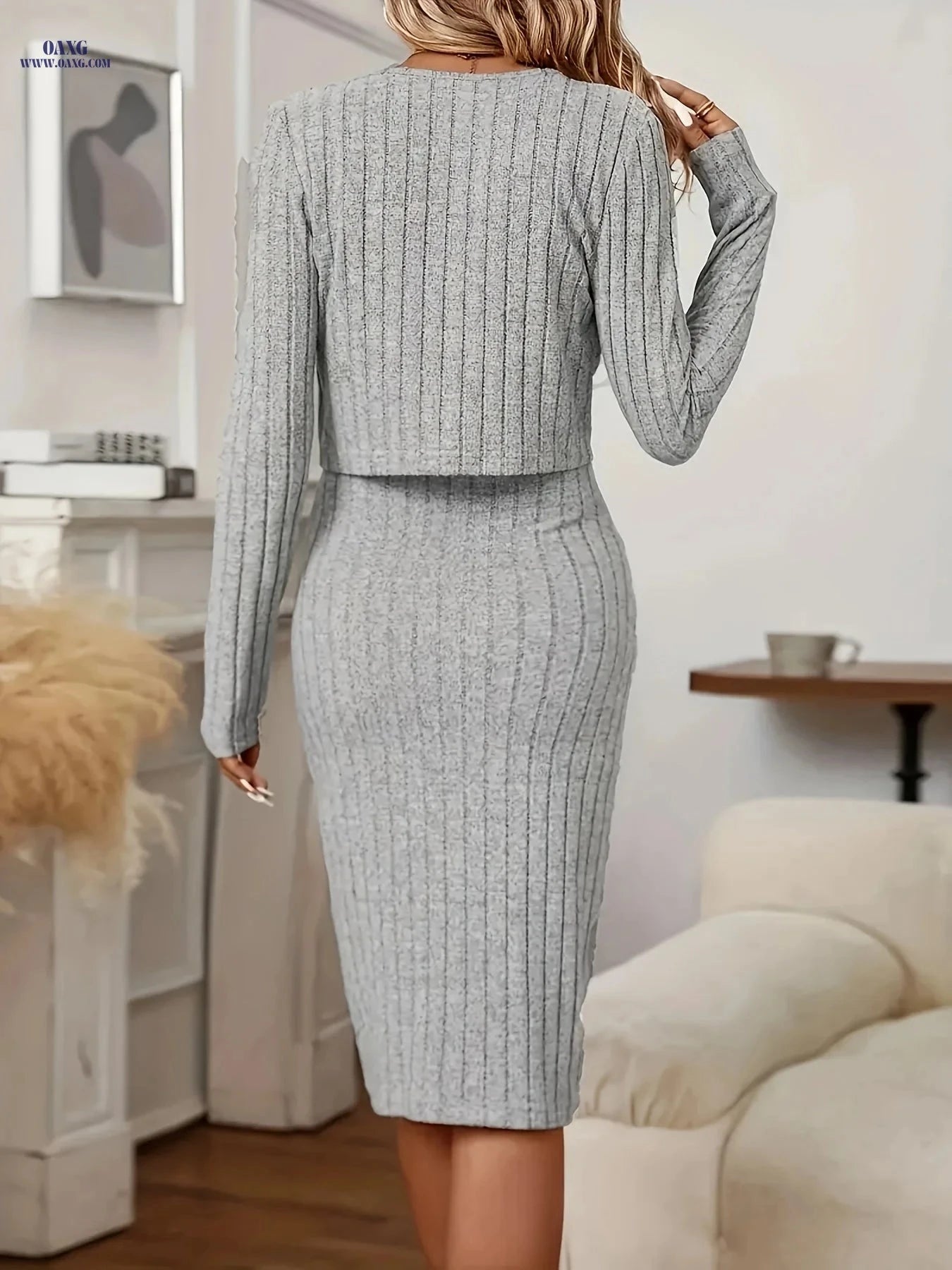 Elegant Ribbed Dress Set - Long Sleeve Solid Color for All Seasons   OAXG 