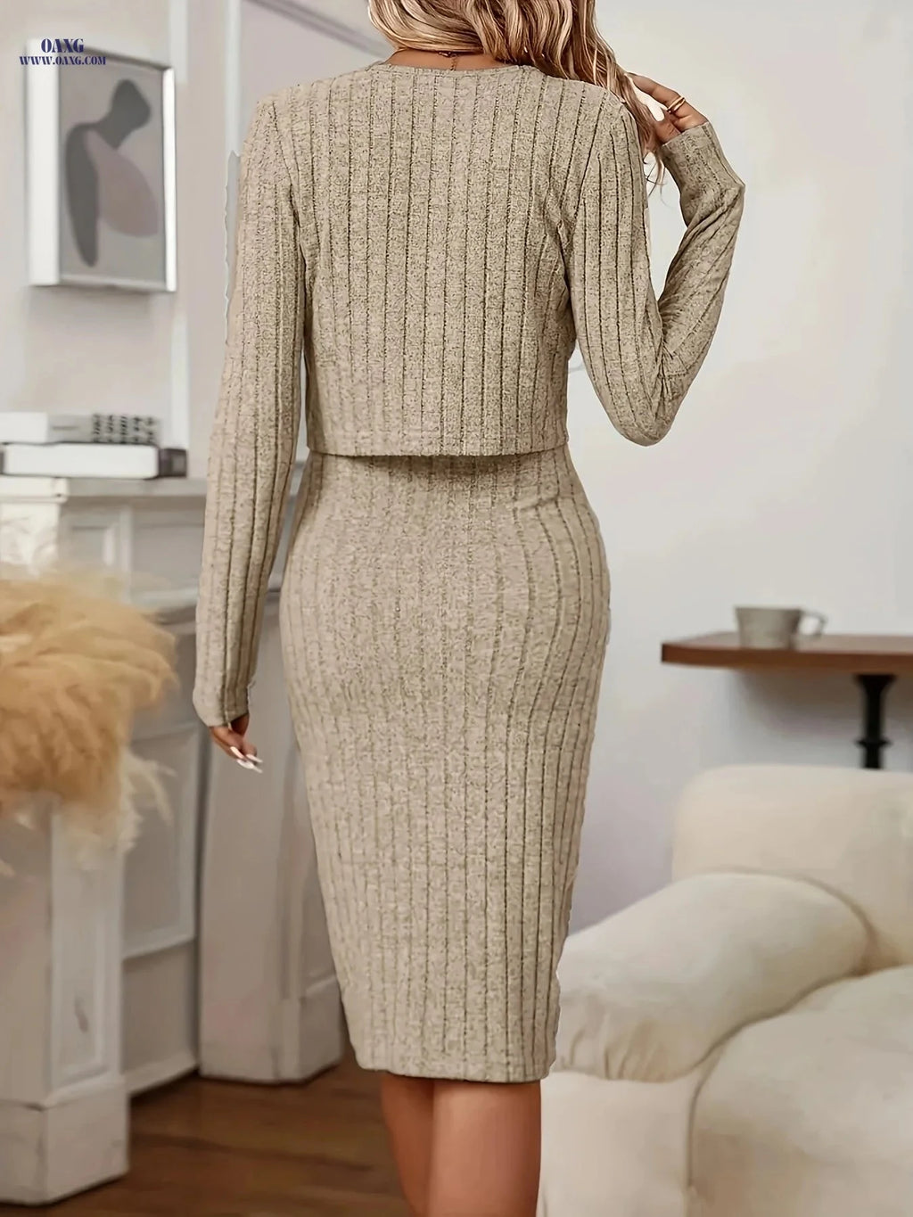 Elegant Ribbed Dress Set - Long Sleeve Solid Color for All Seasons   OAXG Grey / S