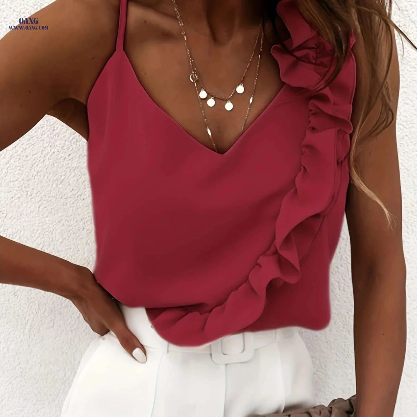 Elegant Ruffle Hem Spaghetti Strap Top - Stylish Summer Cami   OAXG Dusty Rose / S