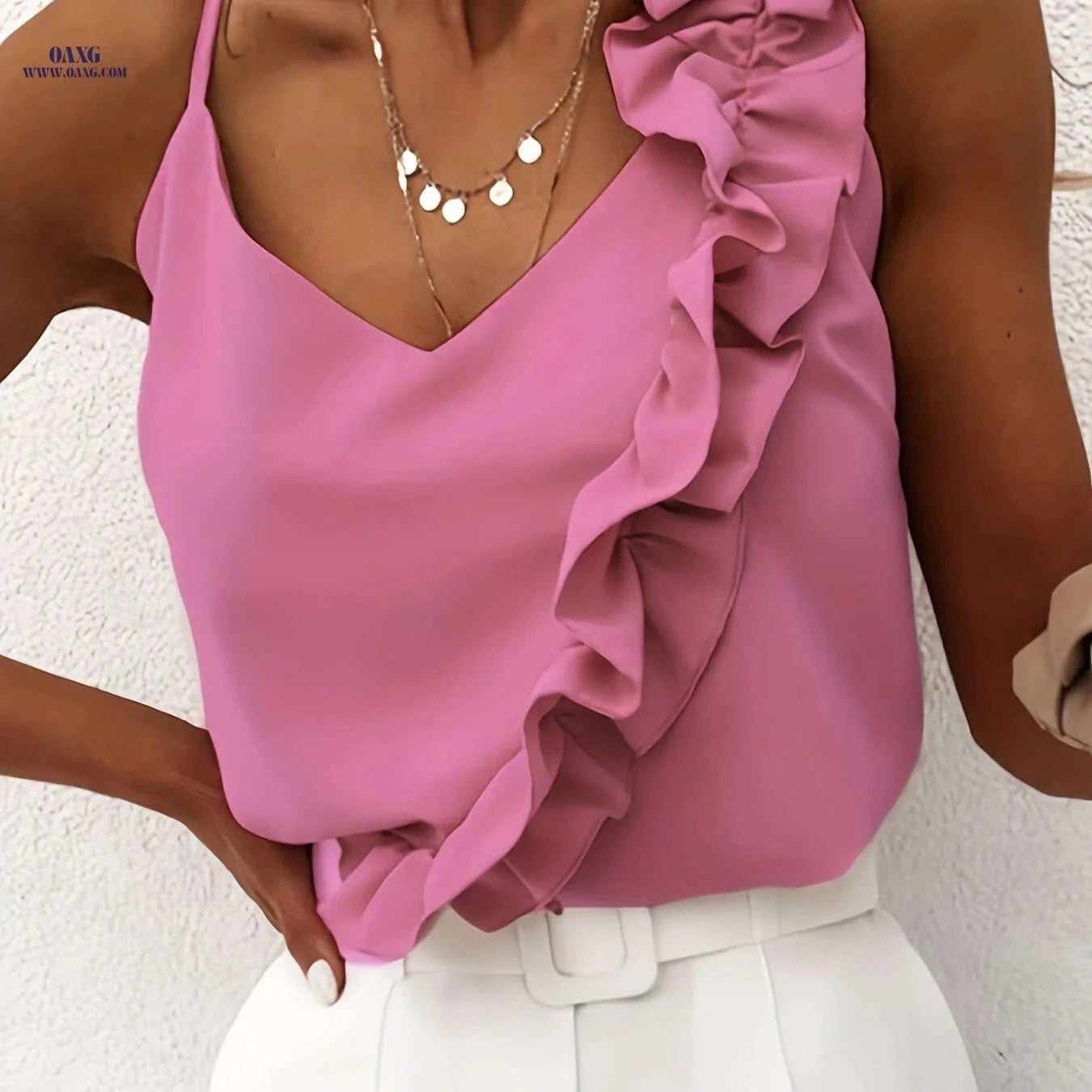 Elegant Ruffle Hem Spaghetti Strap Top - Stylish Summer Cami   OAXG Dusty Rose / S