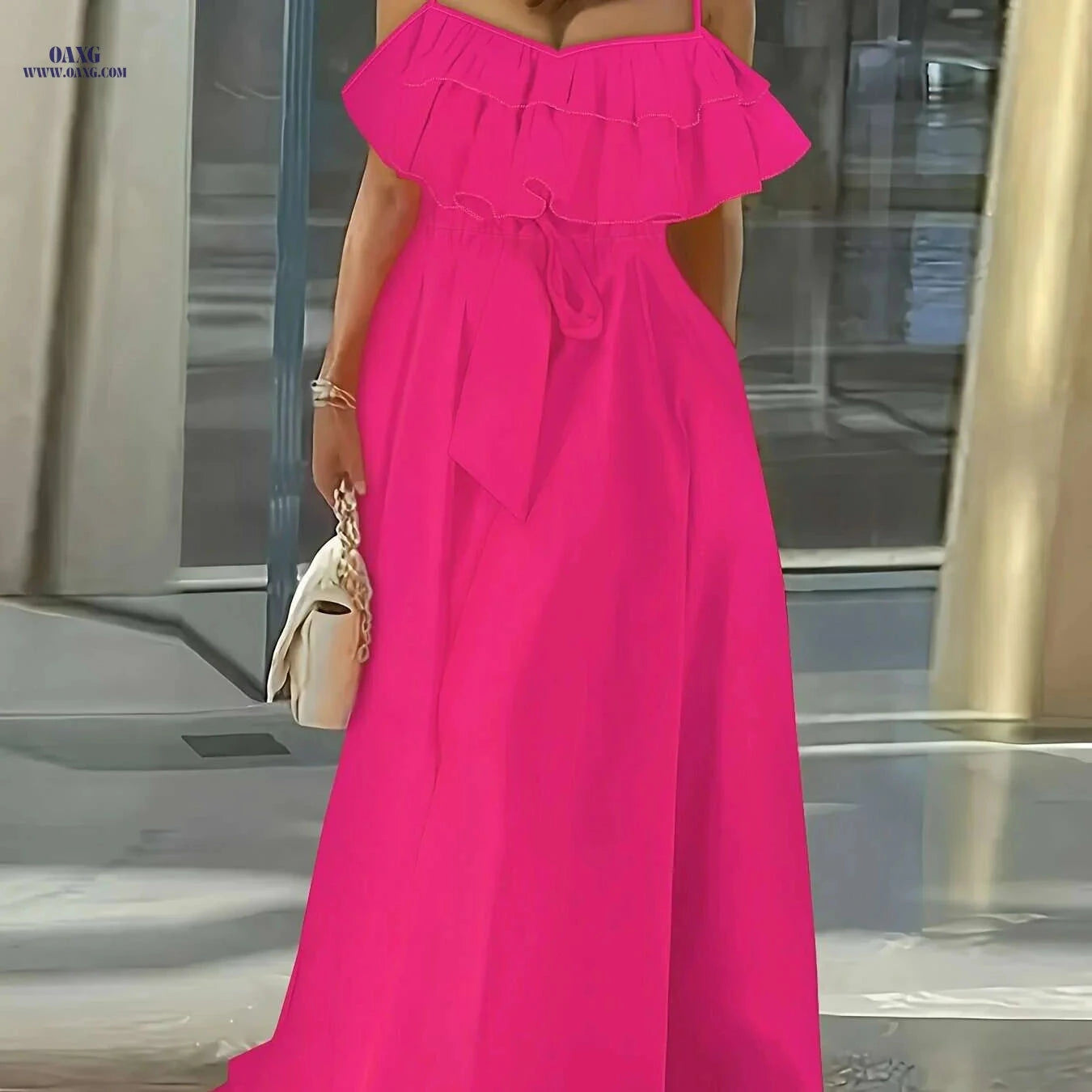 Elegant Ruffle Trim Cami Dress - Tie-Waist Maxi for Women   OAXG 