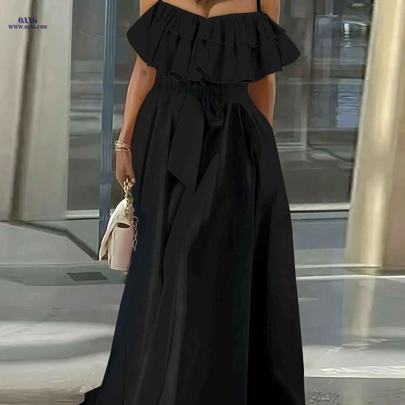 Elegant Ruffle Trim Cami Dress - Tie-Waist Maxi for Women   OAXG 