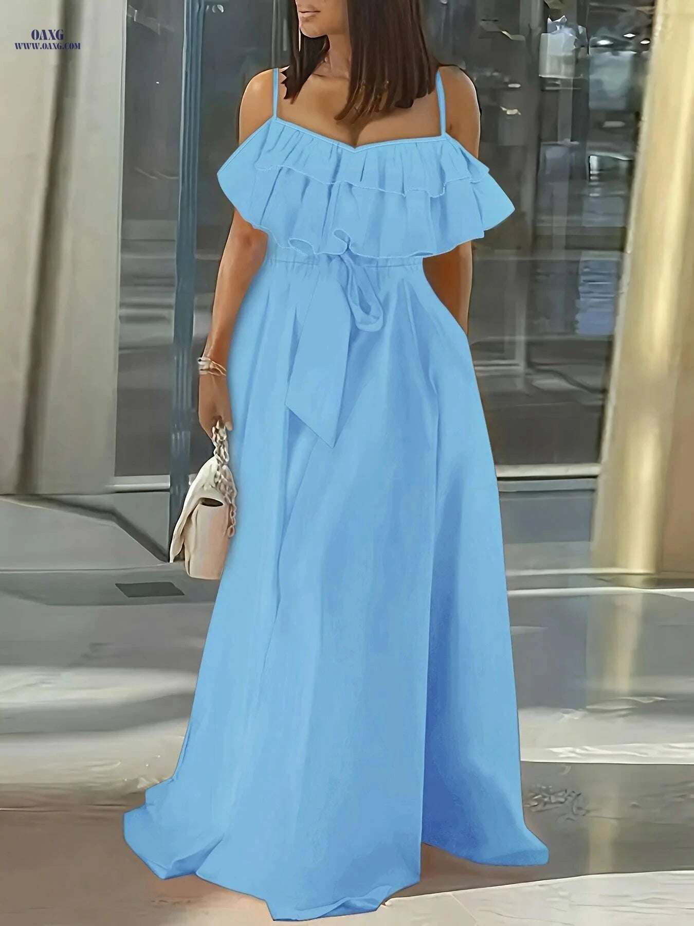 Elegant Ruffle Trim Cami Dress - Tie-Waist Maxi for Women   OAXG 