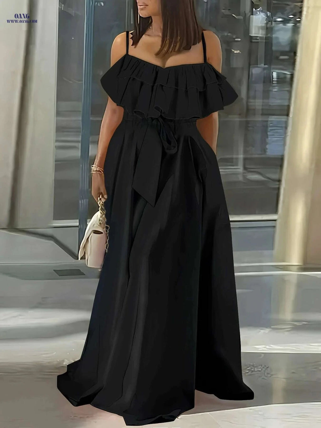 Elegant Ruffle Trim Cami Dress - Tie-Waist Maxi for Women   OAXG 