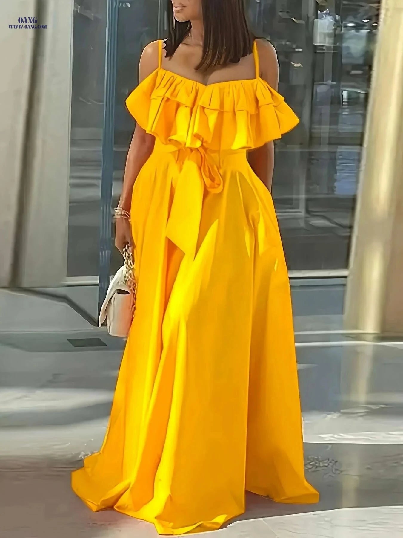 Elegant Ruffle Trim Cami Dress - Tie-Waist Maxi for Women   OAXG Bright Yellow / S