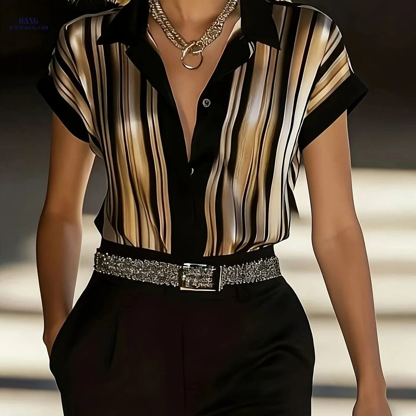 Elegant Satin Striped Women's Top - Versatile Color Block Design   OAXG Mixed colors / S