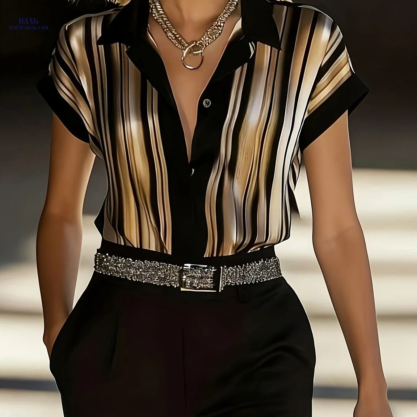 Elegant Satin Striped Color-block Women's Top, No Accessories Included   OAXG Mixed colors / S
