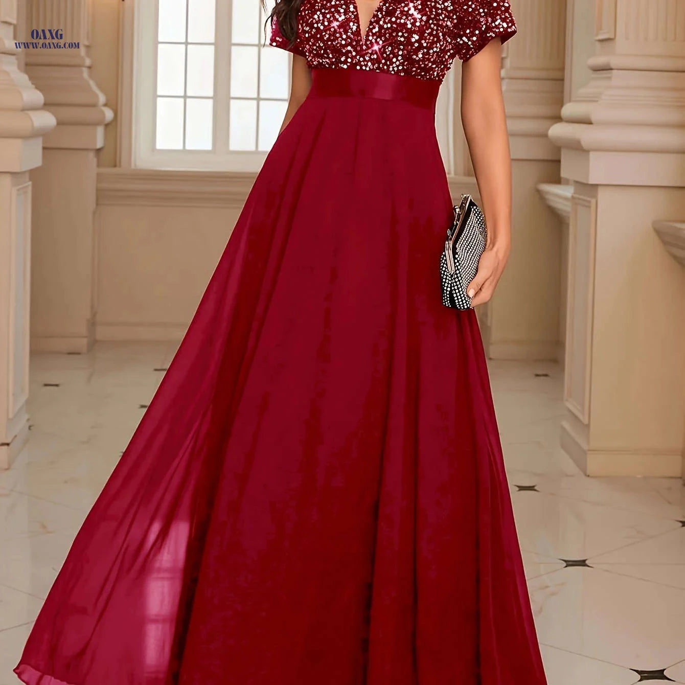 Elegant Sequin Deep V-neck Dress - High-Waist Fashion Gown   OAXG Dark Green / XS