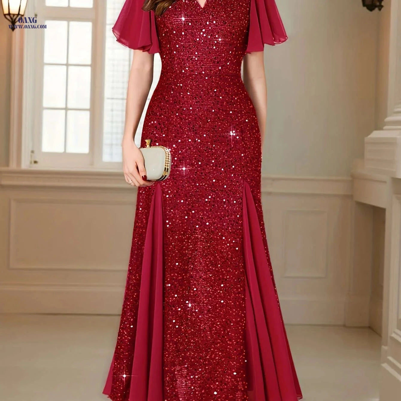 Elegant Sequin Lace Sweetheart Maxi Dress - Perfect for Formal Events   OAXG Red / S
