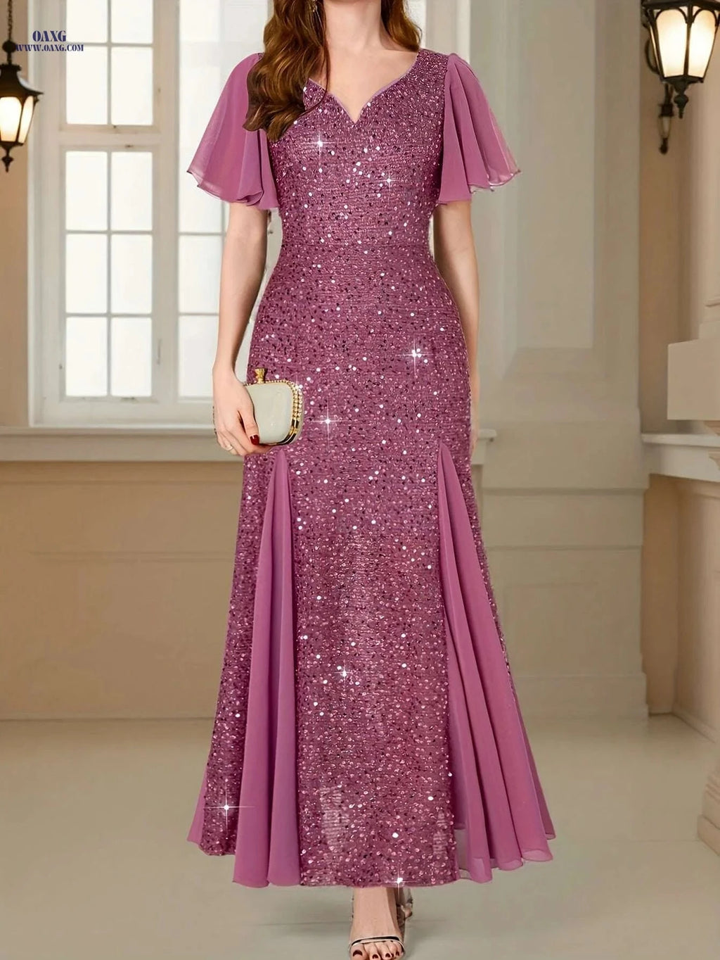 Elegant Sequin Lace Sweetheart Maxi Dress - Ruffle Sleeves for Parties   OAXG 
