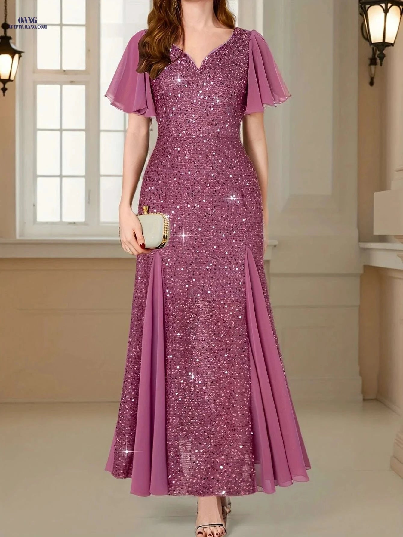 Elegant Sequin Lace Sweetheart Maxi Dress - Ruffle Sleeves for Parties   OAXG 
