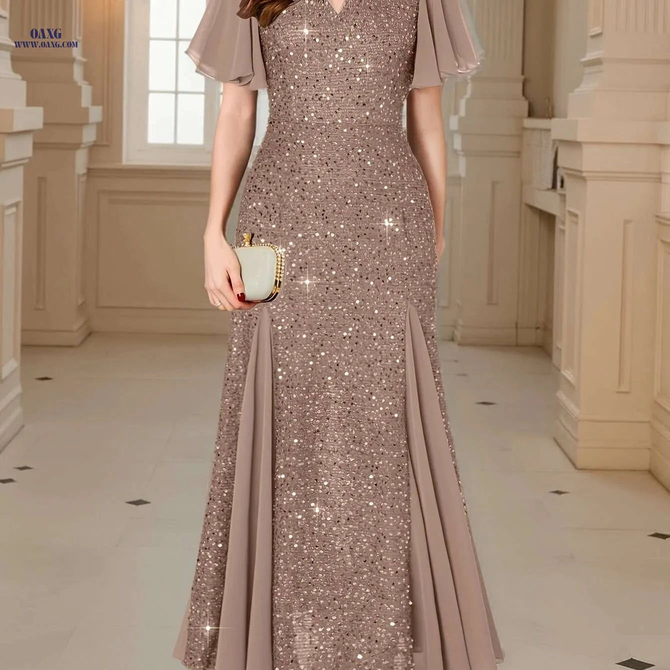 Elegant Sequin Lace Sweetheart Maxi Dress - Ruffle Sleeves for Parties   OAXG 