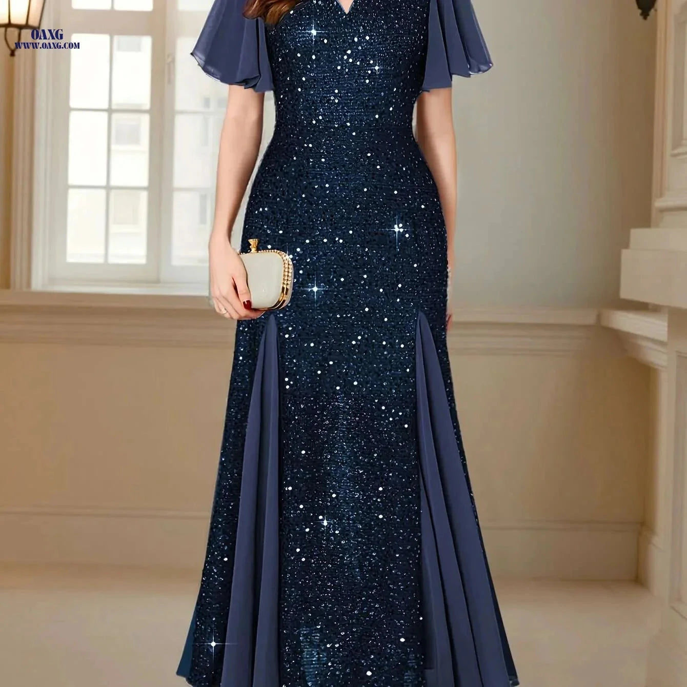 Elegant Sequin Lace Sweetheart Maxi Dress - Ruffle Sleeves for Parties   OAXG Gray Blue / S