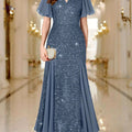 Elegant Sequin Lace Sweetheart Maxi Dress - Ruffle Sleeves for Parties   OAXG Gray Blue / S