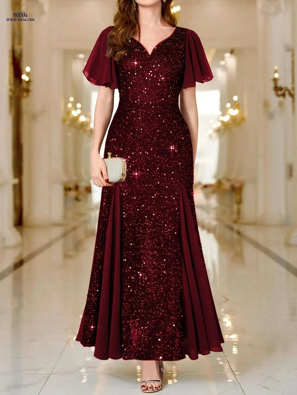Elegant Sequin Lace Sweetheart Maxi Dress - Ruffle Sleeves for Parties   OAXG 