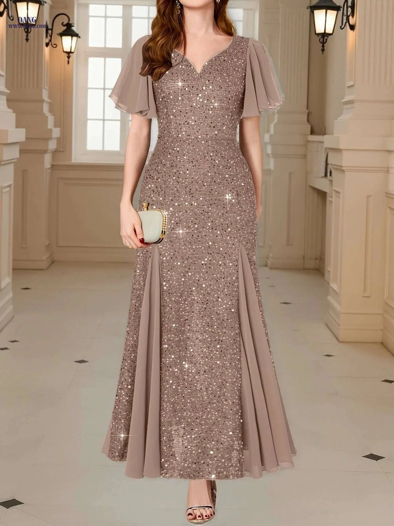 Elegant Sequin Lace Sweetheart Maxi Dress - Ruffle Sleeves for Parties   OAXG 
