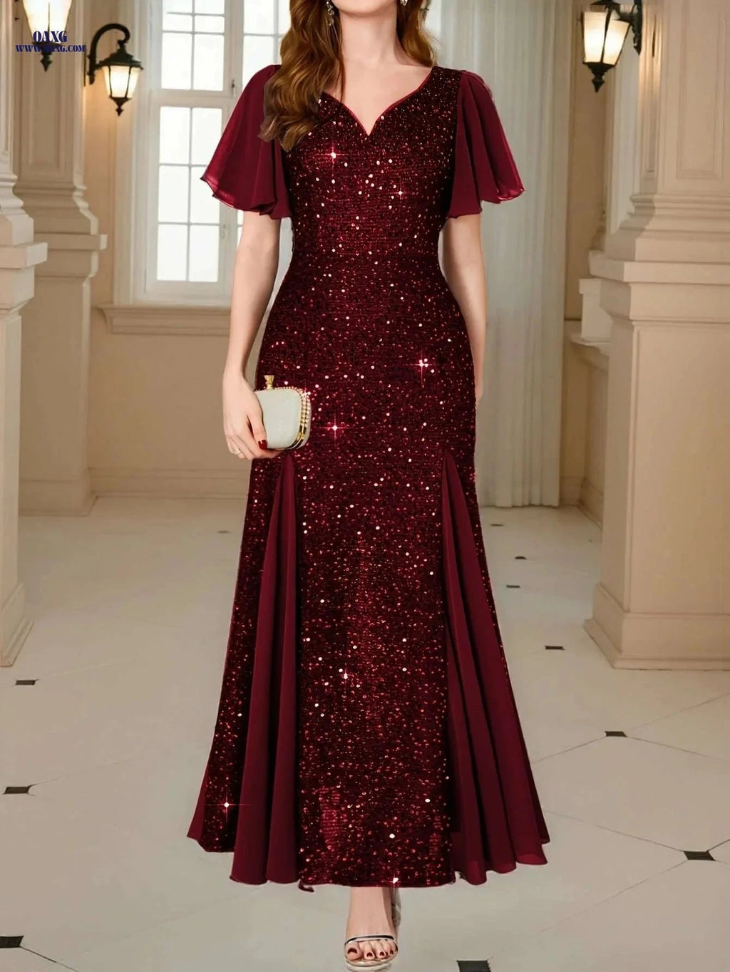 Elegant Sequin Lace Sweetheart Neck Maxi Dress for Formal Events   OAXG 