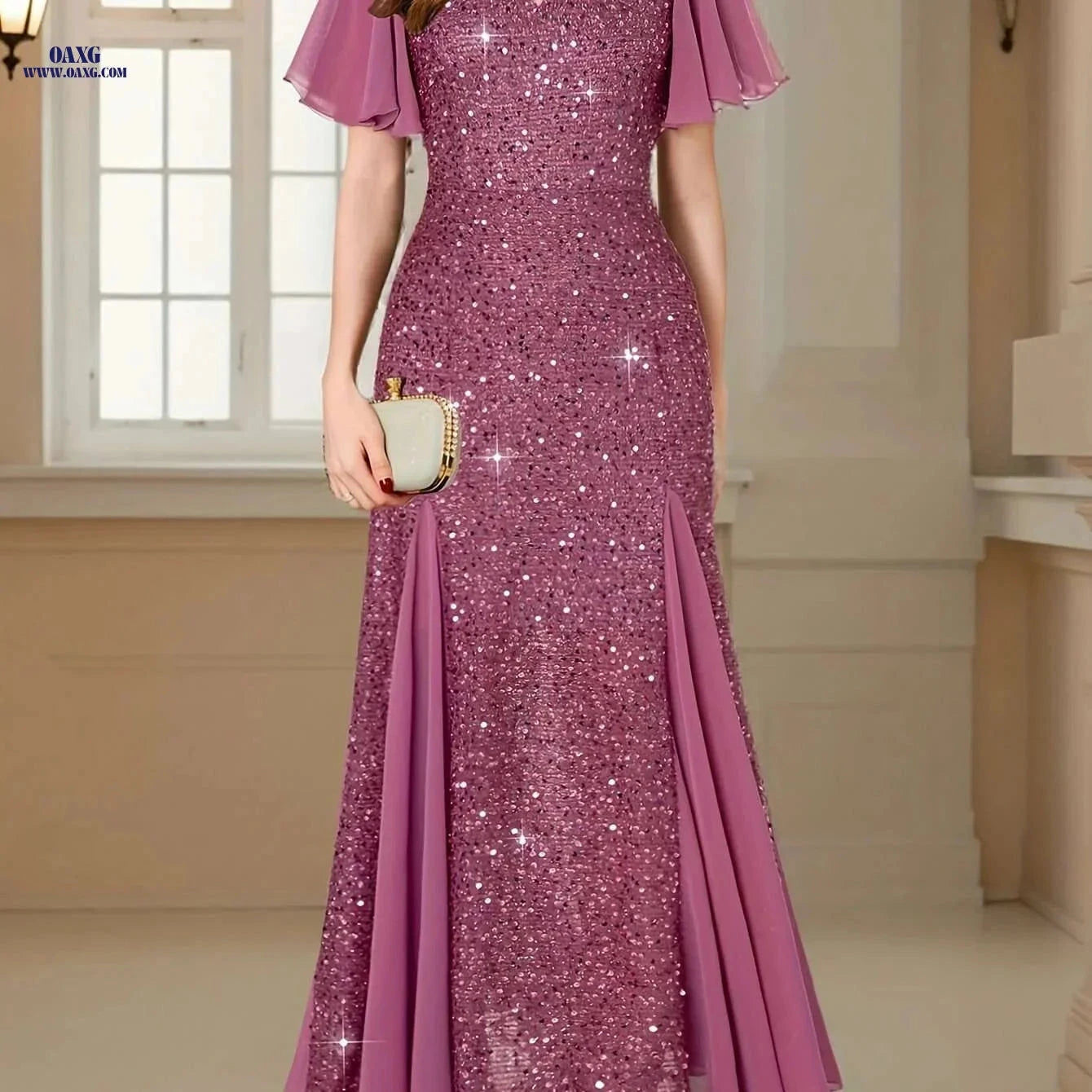 Elegant Sequin Lace Sweetheart Neck Maxi Dress for Formal Events   OAXG 