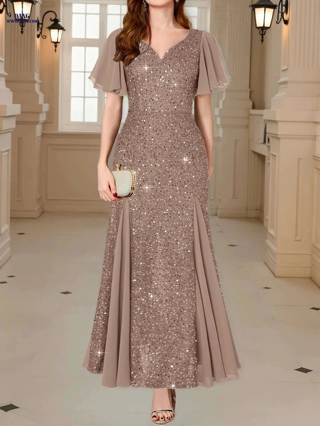 Elegant Sequin Lace Sweetheart Neck Maxi Dress for Formal Events   OAXG 