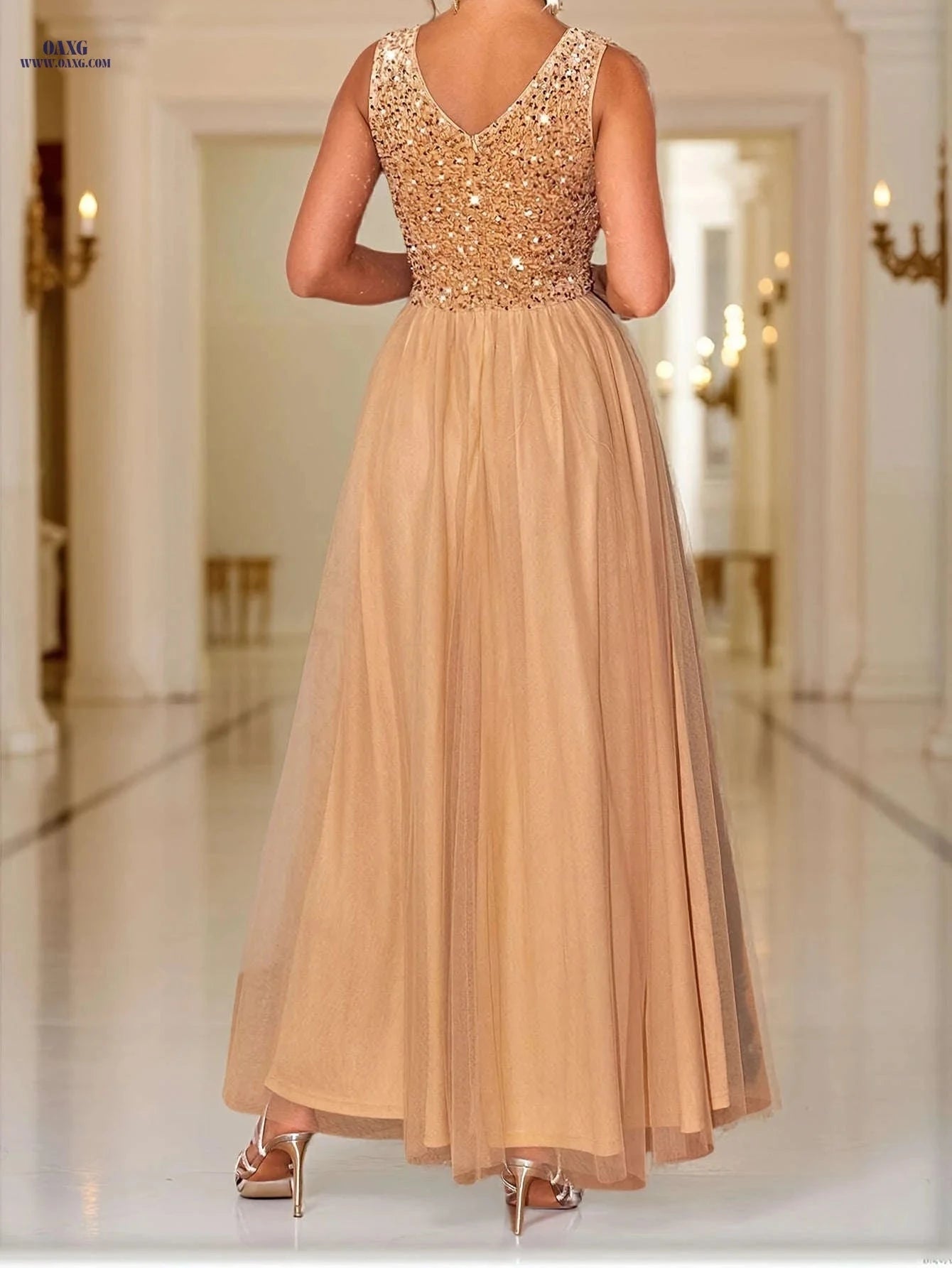 Elegant Sequin V-Neck A-Line Ballerina Dress for Evening Events   OAXG 