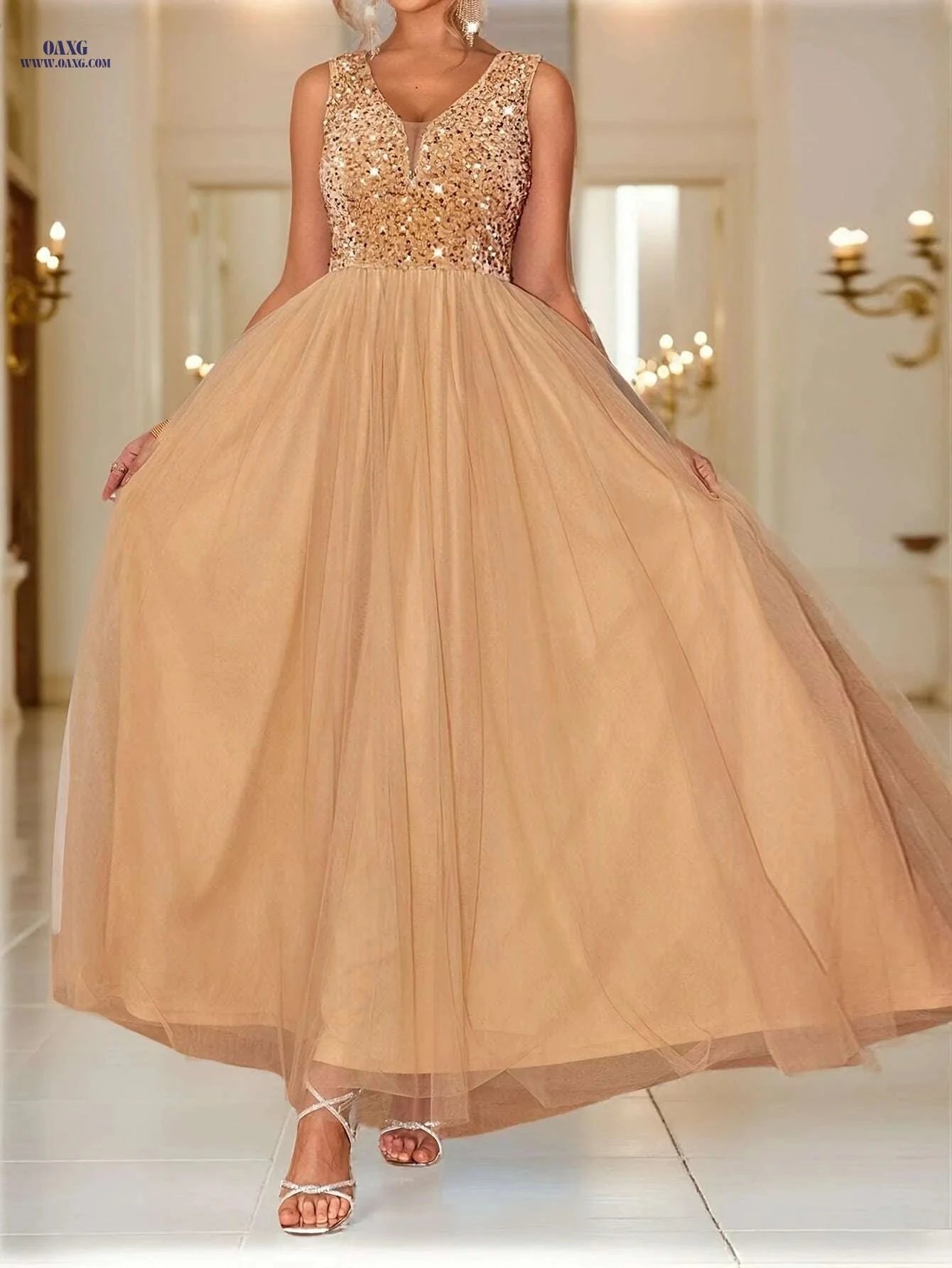 Elegant Sequin V-Neck A-Line Dress - Sleeveless Evening Gown   OAXG 