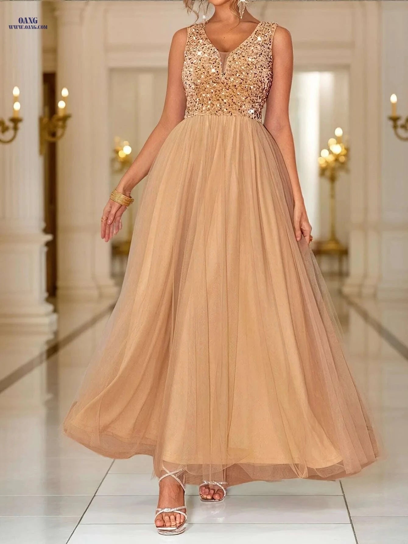 Elegant Sequin V-Neck A-Line Dress - Sleeveless Evening Gown   OAXG 