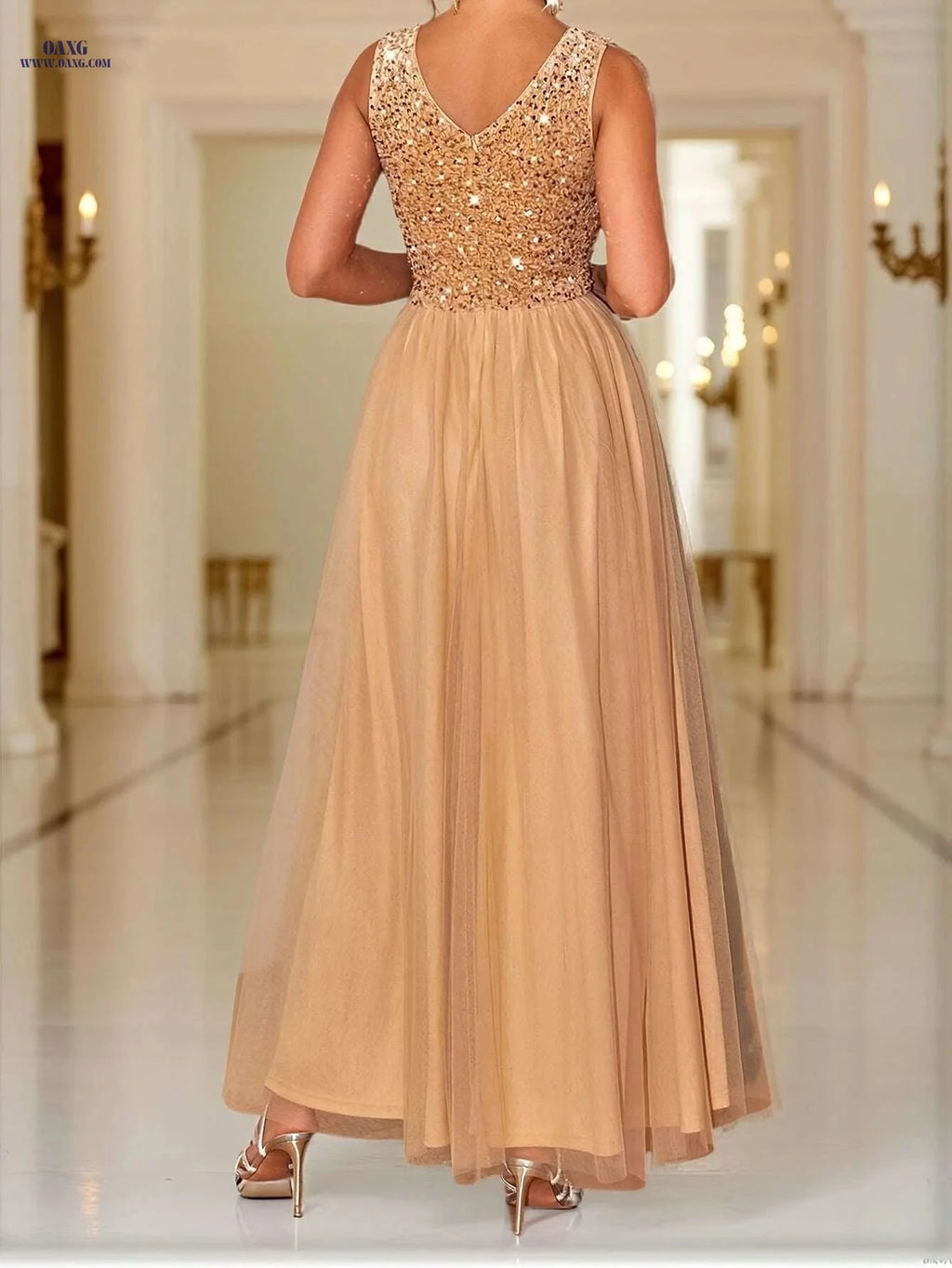 Elegant Sequin V-Neck A-Line Dress - Sleeveless Evening Gown   OAXG Light Gold / S