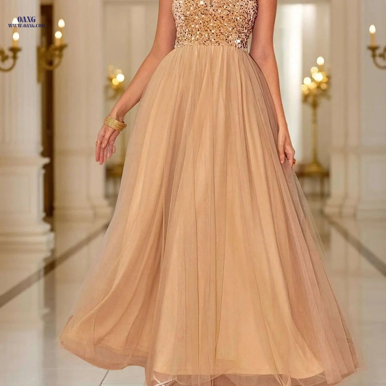 Elegant Sequin V-Neck A-Line Dress - Sleeveless Evening Gown   OAXG Light Gold / S